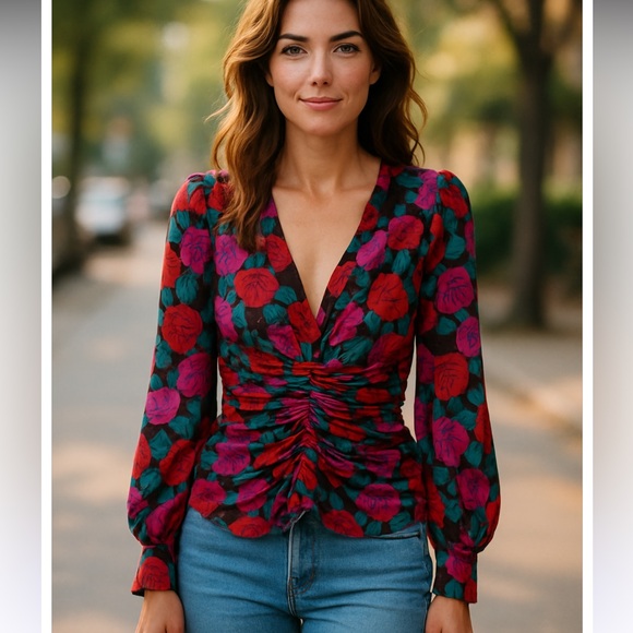 WOMEN’S RONNY KOBO CARISSA LONG SLEEVE ROSES BLOUSE SIZE LARGE - Picture 2 of 11